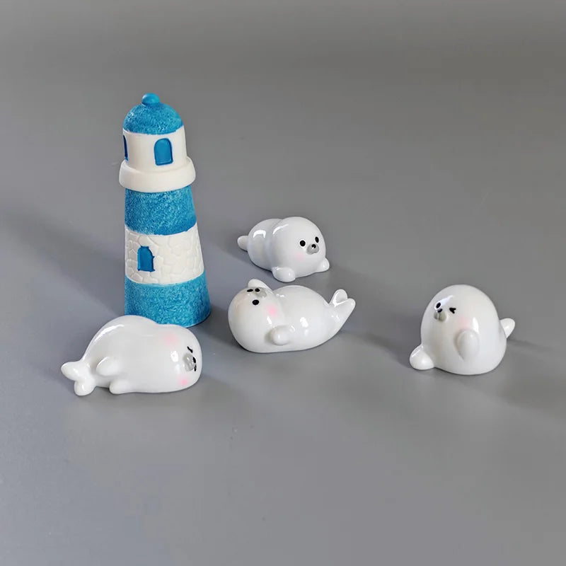 Miniature Seal Lighthouse Figurines – Resin Decor for Fairy Gardens