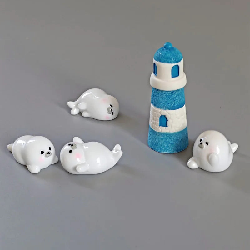 Miniature Seal Lighthouse Figurines – Resin Decor for Fairy Gardens