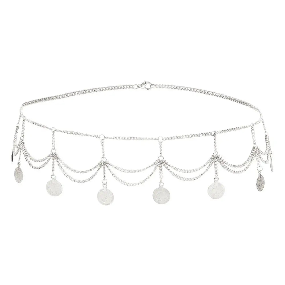 Silver chain belt with layered chains and coin charms, minimalist waist accessory