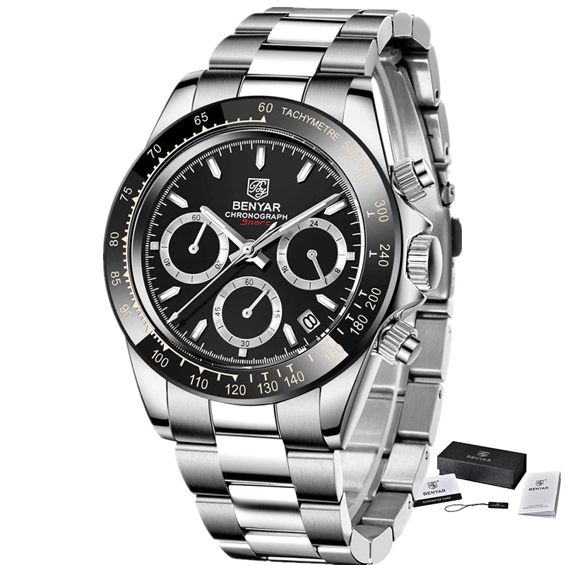 BENYAR Stainless Steel Chronograph Watch – Luxury Quartz for Men