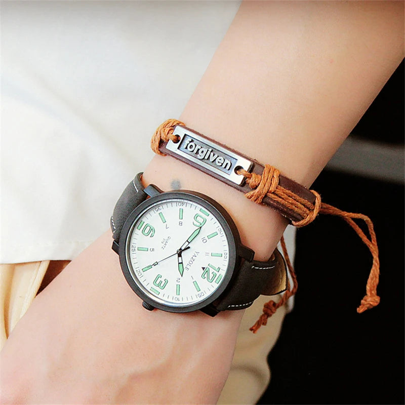 Leather Quartz Men Watch – Night Light Dial for Business Casual Attire