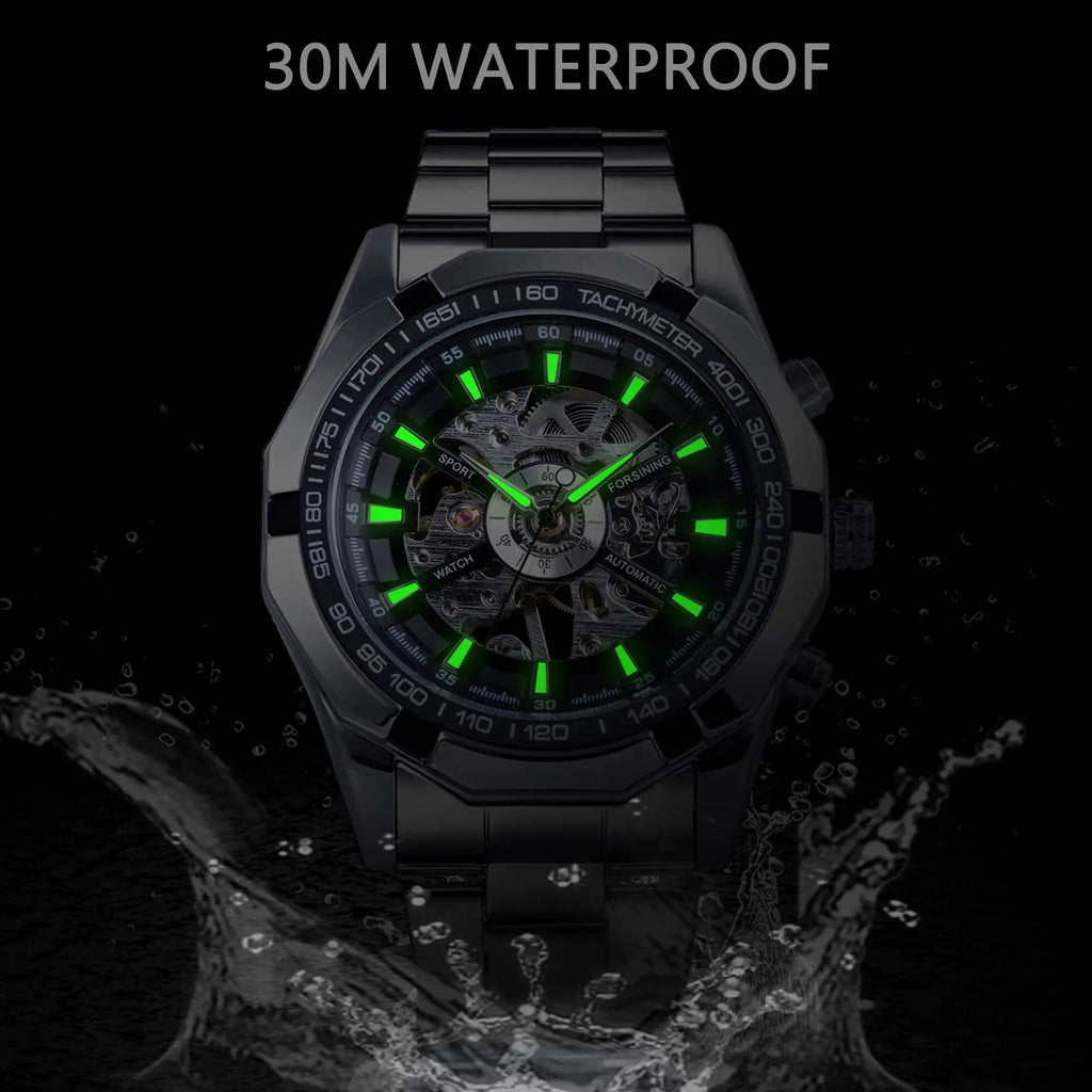 Skeleton Mechanical Watch – Stainless Steel Waterproof Accessory for Men