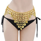Gold coin belly chain body jewelry over black bikini bottoms