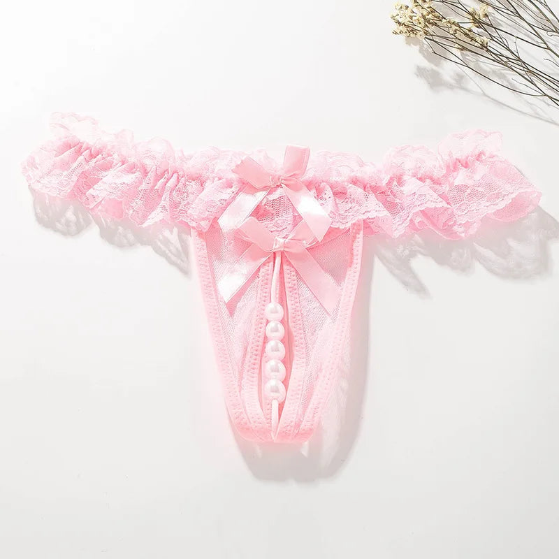 Lace G-String Thong – Pearl Back Bow Details for Sexy Lingerie