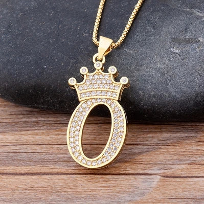 Copper Zircon Initial Crown Necklace – Hip-Hop Alphabet Jewelry for Men and Women