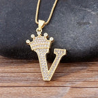 Copper Zircon Initial Crown Necklace – Hip-Hop Alphabet Jewelry for Men and Women