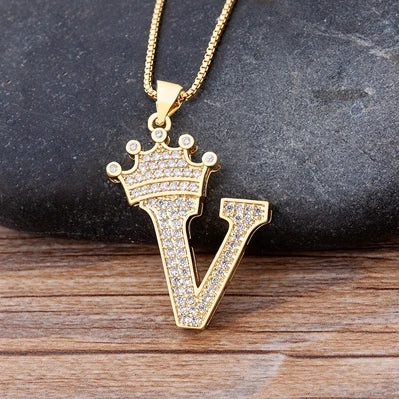 Copper Zircon Initial Crown Necklace – Hip-Hop Alphabet Jewelry for Men and Women