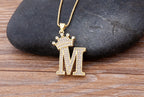 Copper Zircon Initial Crown Necklace – Hip-Hop Alphabet Jewelry for Men and Women