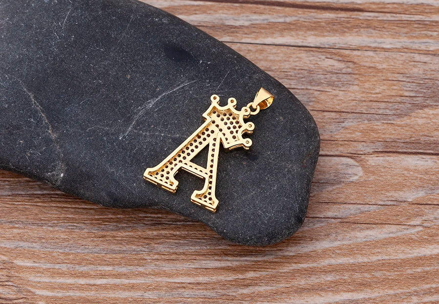 Copper Zircon Initial Crown Necklace – Hip-Hop Alphabet Jewelry for Men and Women