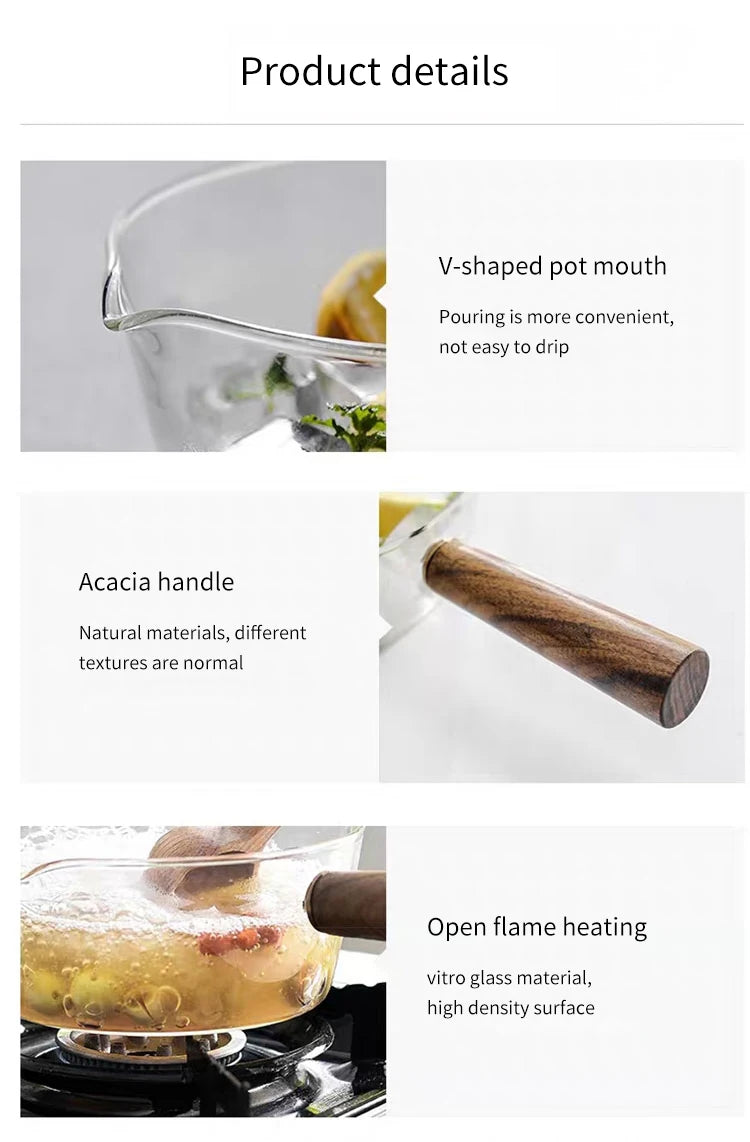 Glass Milk Pot with Wooden Handle – Heat Resistant Cookware for Kitchen Use