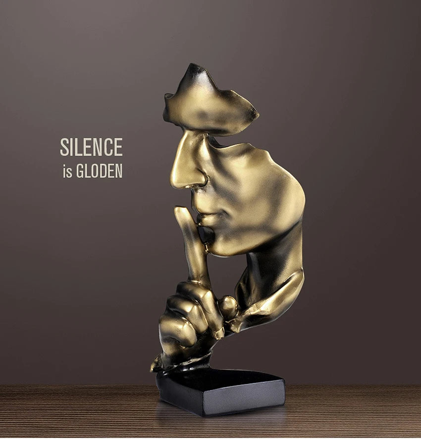 Abstract Thinker Resin Statue – Gold Silence Face Sculpture for Home Decor