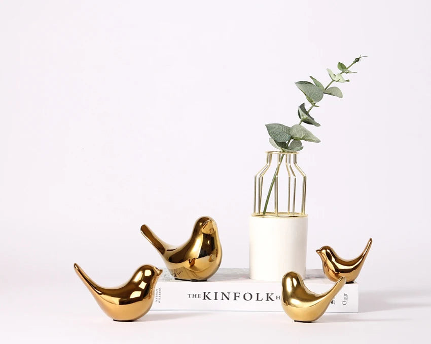 Nordic Gold Ceramic Bird Statue – Modern Animal Sculpture for Home Decor