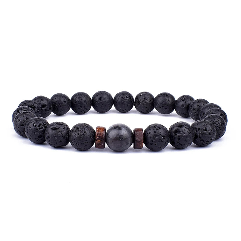 Lava Stone and Wood Bead Bracelet – 8mm Tibetan Buddha Jewelry for Men and Women