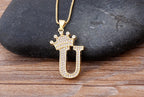 Copper Zircon Initial Crown Necklace – Hip-Hop Alphabet Jewelry for Men and Women