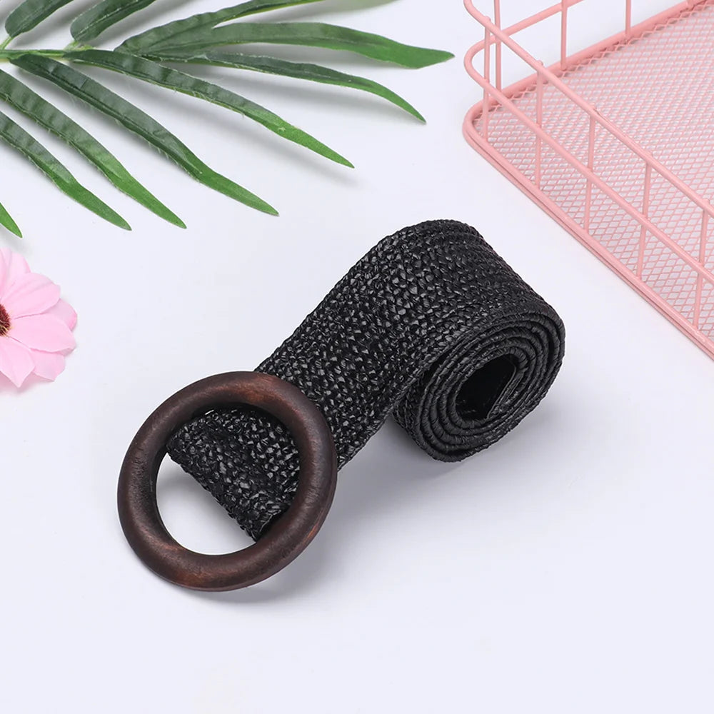 Woven Straw Waist Belt – Round Wooden Buckle for Summer Dress Accessories