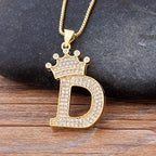 Copper Zircon Initial Crown Necklace – Hip-Hop Alphabet Jewelry for Men and Women