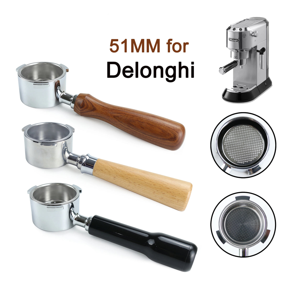 51mm Bottomless Portafilter – Stainless Steel Espresso Filter for Delonghi
