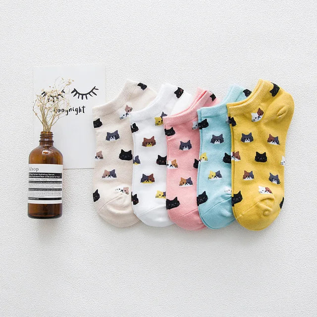 Cute Cat Ankle Socks – Cartoon Animal Kitten Cotton Hosiery for Women