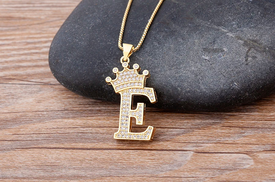 Copper Zircon Initial Crown Necklace – Hip-Hop Alphabet Jewelry for Men and Women