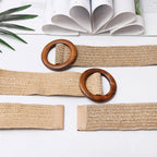 Woven Straw Waist Belt – Round Wooden Buckle for Summer Dress Accessories