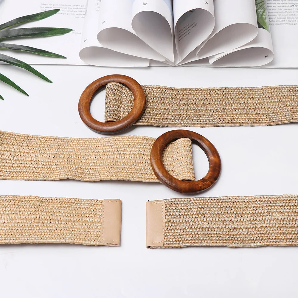 Woven Straw Waist Belt – Round Wooden Buckle for Summer Dress Accessories