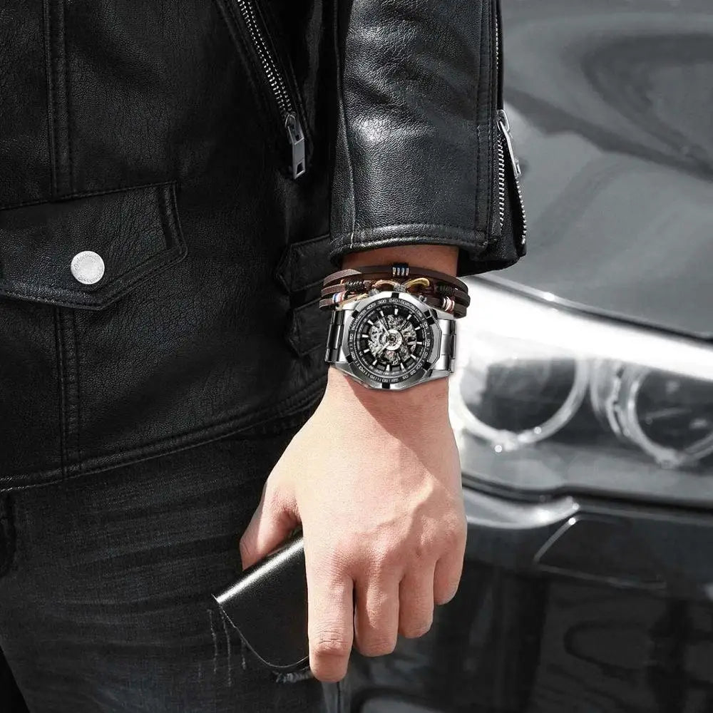 Skeleton Mechanical Watch – Stainless Steel Waterproof Accessory for Men