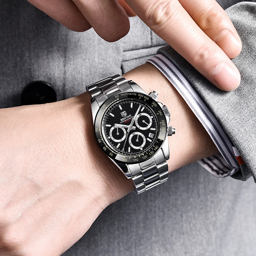 BENYAR Stainless Steel Chronograph Watch – Luxury Quartz for Men