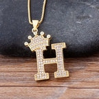 Copper Zircon Initial Crown Necklace – Hip-Hop Alphabet Jewelry for Men and Women