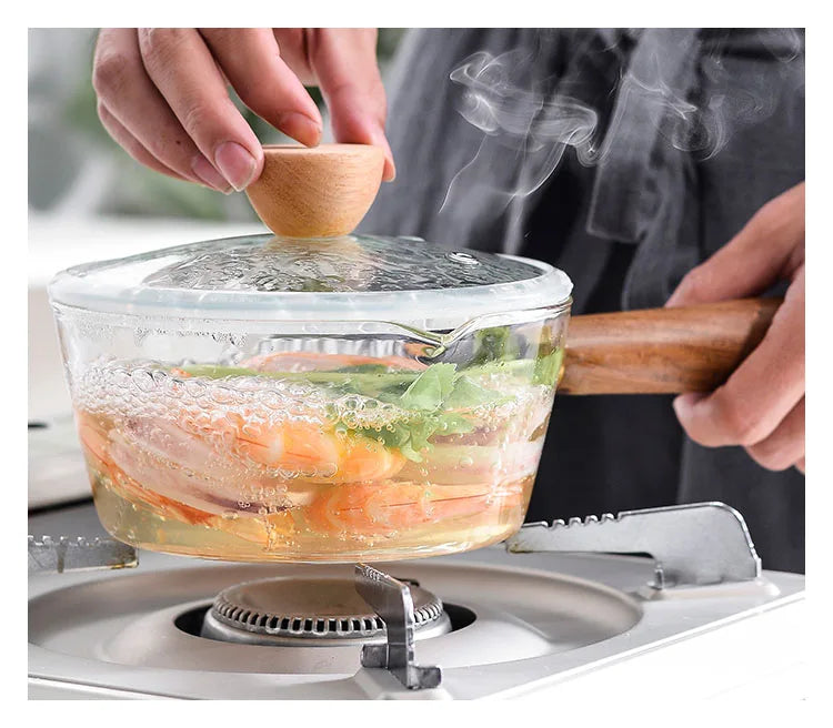 Glass Milk Pot with Wooden Handle – Heat Resistant Cookware for Kitchen Use