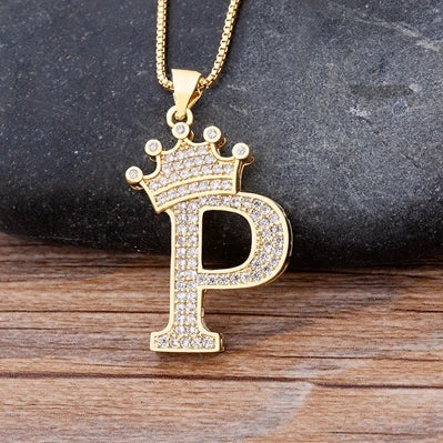 Copper Zircon Initial Crown Necklace – Hip-Hop Alphabet Jewelry for Men and Women