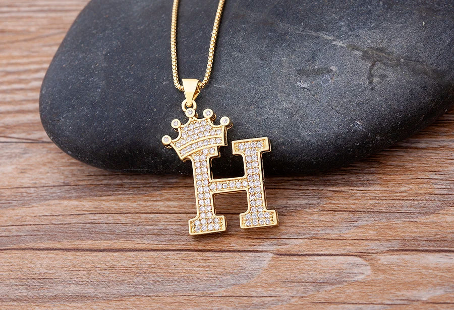 Copper Zircon Initial Crown Necklace – Hip-Hop Alphabet Jewelry for Men and Women