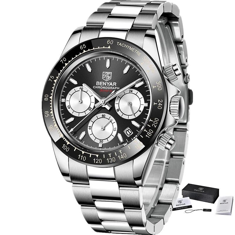 BENYAR Stainless Steel Chronograph Watch – Luxury Quartz for Men