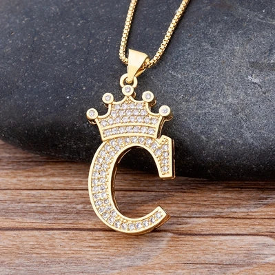 Copper Zircon Initial Crown Necklace – Hip-Hop Alphabet Jewelry for Men and Women