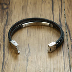 Genuine Leather Bar Bracelet – Stainless Steel Layered Bangle for Men Women