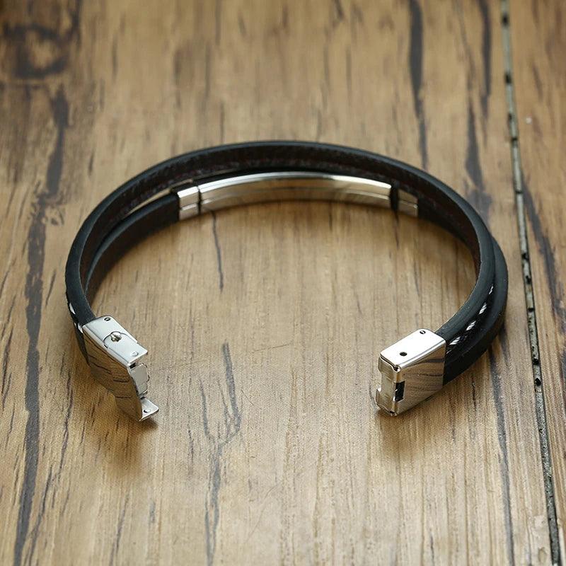 Genuine Leather Bar Bracelet – Stainless Steel Layered Bangle for Men Women