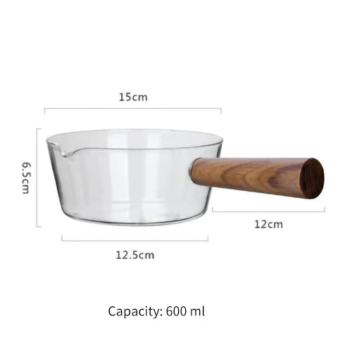 Glass Milk Pot with Wooden Handle – Heat Resistant Cookware for Kitchen Use