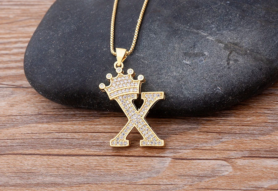 Copper Zircon Initial Crown Necklace – Hip-Hop Alphabet Jewelry for Men and Women
