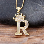 Copper Zircon Initial Crown Necklace – Hip-Hop Alphabet Jewelry for Men and Women