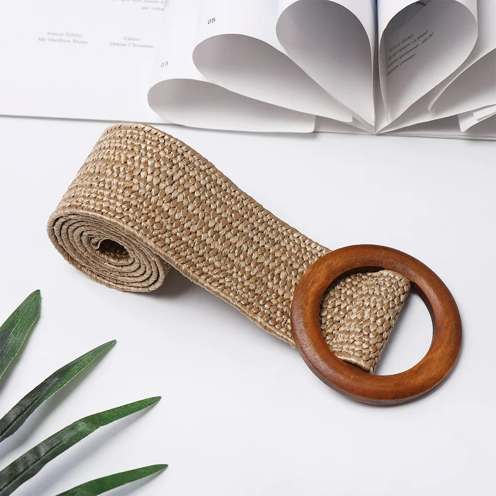 Woven Straw Waist Belt – Round Wooden Buckle for Summer Dress Accessories