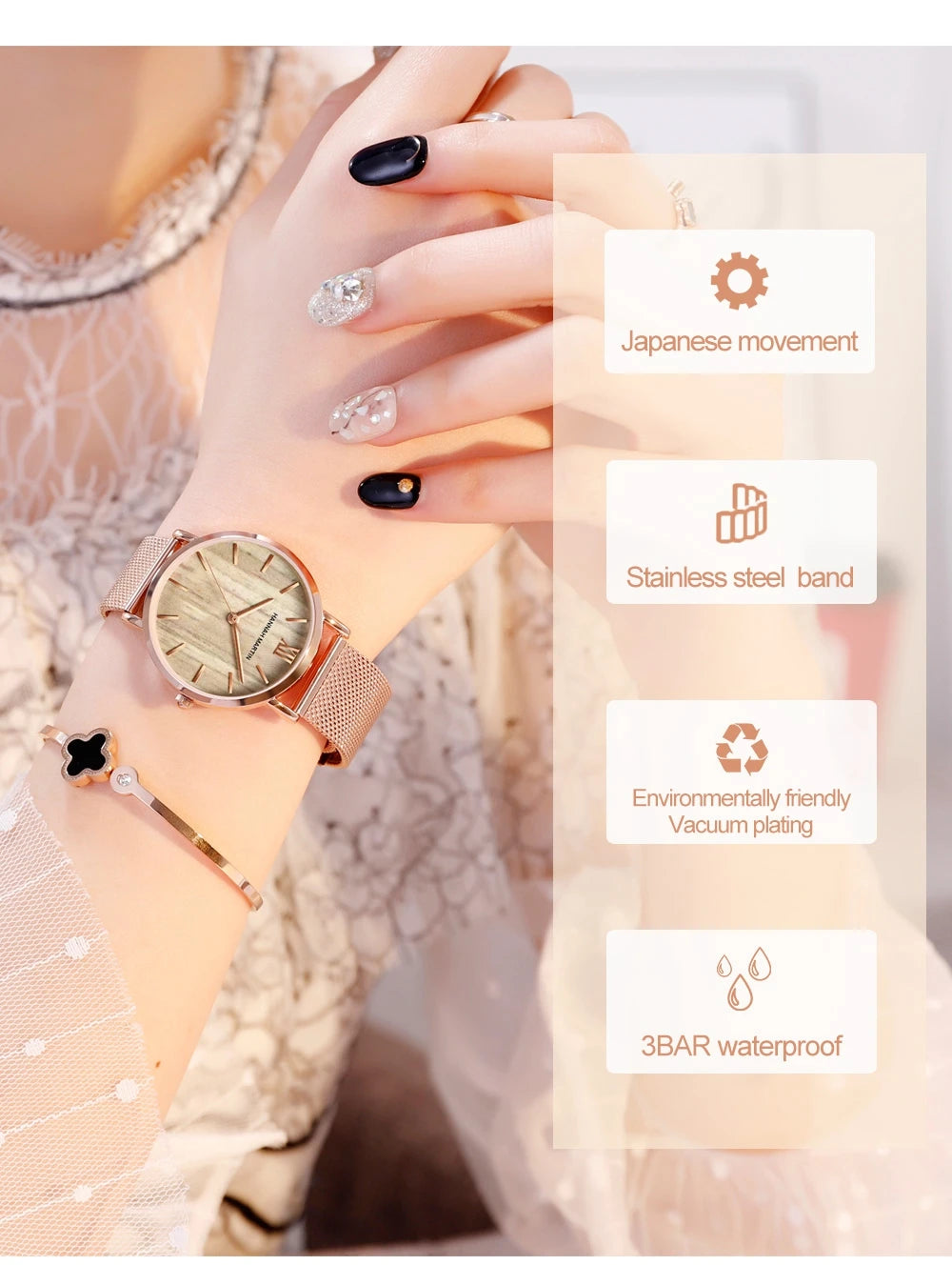 Rose Gold Stainless Steel Watch – Japan Quartz Waterproof for Ladies