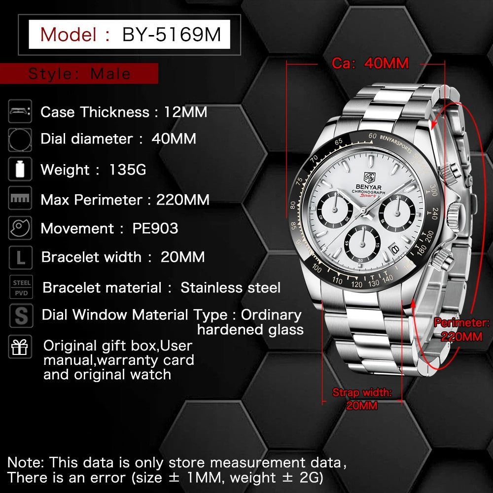 BENYAR Stainless Steel Chronograph Watch – Luxury Quartz for Men