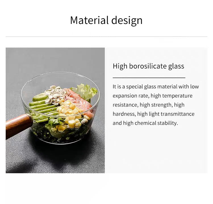Glass Milk Pot with Wooden Handle – Heat Resistant Cookware for Kitchen Use