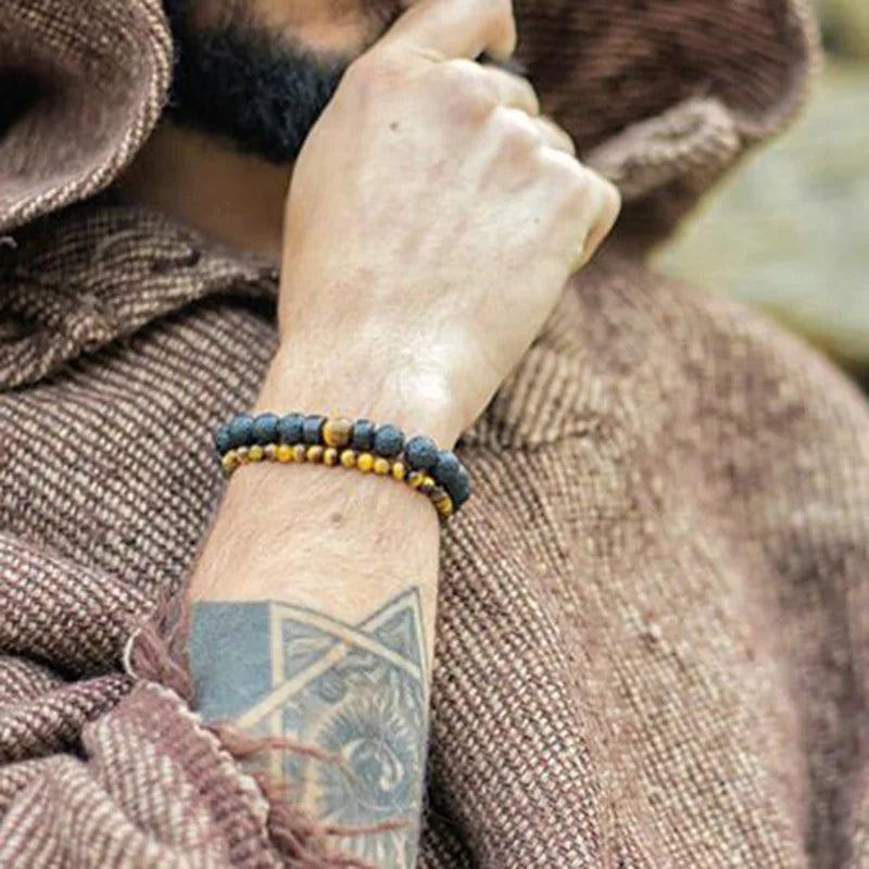 Lava Stone and Wood Bead Bracelet – 8mm Tibetan Buddha Jewelry for Men and Women