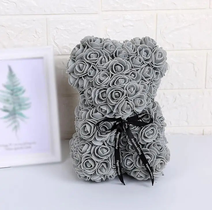 Artificial Rose Bear – 25cm Flower Figurine for Valentine Anniversary Gift