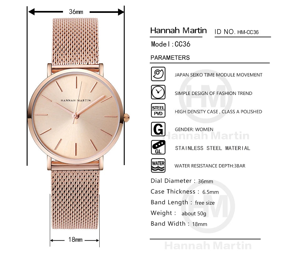 Rose Gold Stainless Steel Watch – Japan Quartz Waterproof for Ladies