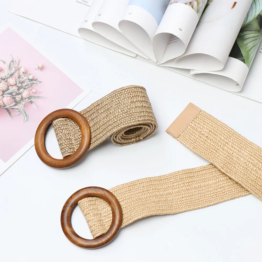 Woven Straw Waist Belt – Round Wooden Buckle for Summer Dress Accessories