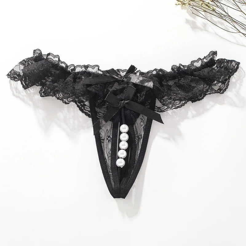 Lace G-String Thong – Pearl Back Bow Details for Sexy Lingerie