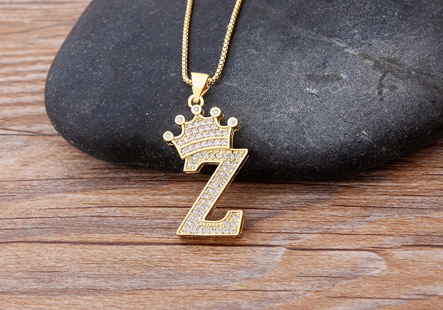 Copper Zircon Initial Crown Necklace – Hip-Hop Alphabet Jewelry for Men and Women