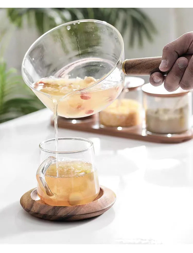 Glass Milk Pot with Wooden Handle – Heat Resistant Cookware for Kitchen Use