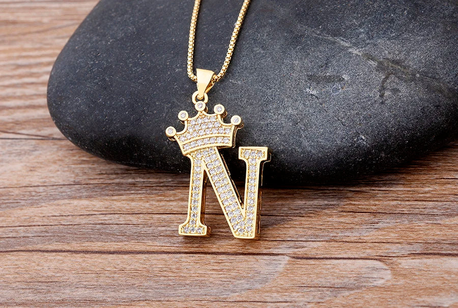 Copper Zircon Initial Crown Necklace – Hip-Hop Alphabet Jewelry for Men and Women